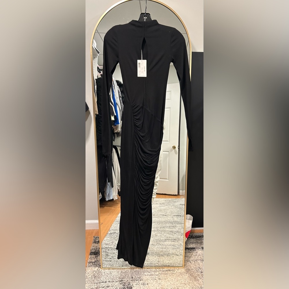 Helmut Lang long sleeve black mock neck midi dress with keyhole back. Brand new